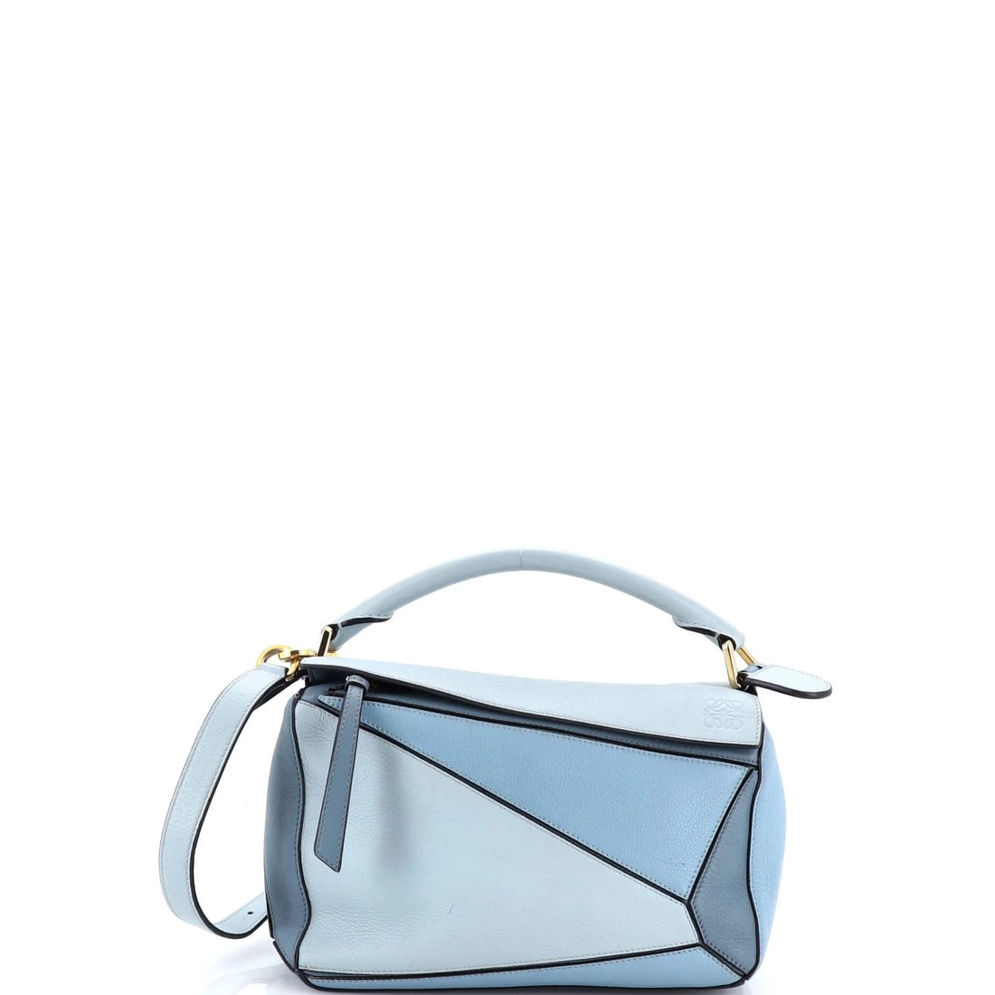 Leather bag puzzle small Loewe: Leather bag puzzle small Loewe Small Loewe Puzzle Bag in Blue Leather. This small satchel features a classic design with a blue leather exterior and neutral interior, gold hardware accents, and