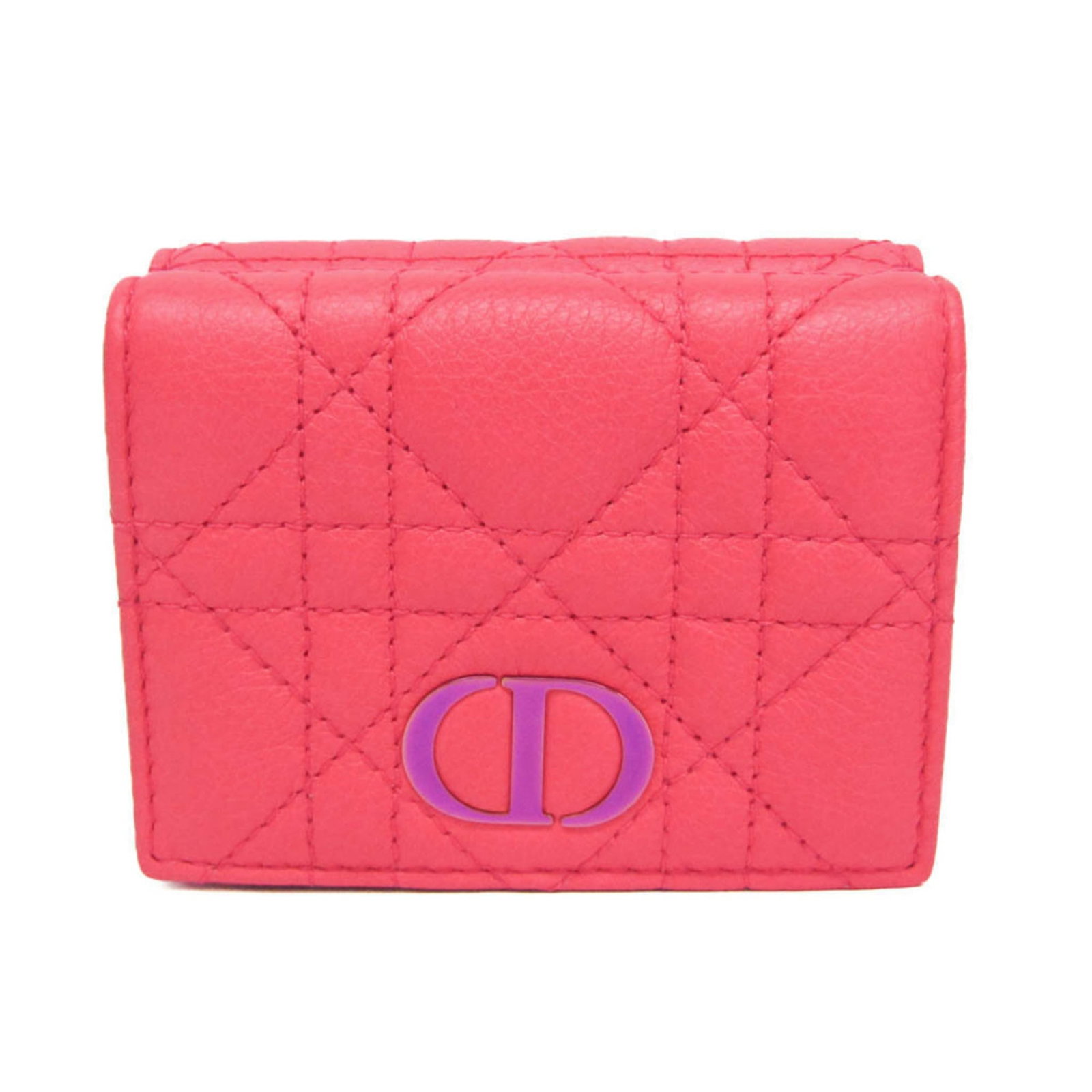 Christian Dior Wallet (Tri-Fold) Leather: Christian Dior Wallet (Tri-Fold) Leather Tri-fold leather wallet from Christian Dior's Cannage/Lady Dior line, featuring a pink color and snap fastener closure. This medium-sized wallet has three