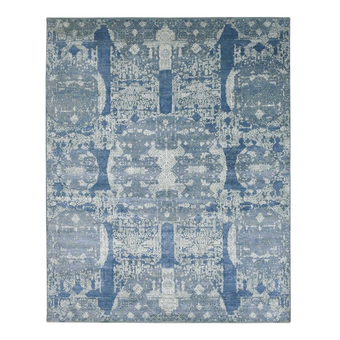 7'10"x10' Blue Wool and Silk Hand Knotted Jewellery Design Oriental Rug: 7'10"x10' Blue Wool and Silk Hand Knotted Jewellery Design Oriental Rug Blue Wool and Silk Hand Knotted Jewellery Design Oriental Rug features a stunning blue field with intricate patterns, woven