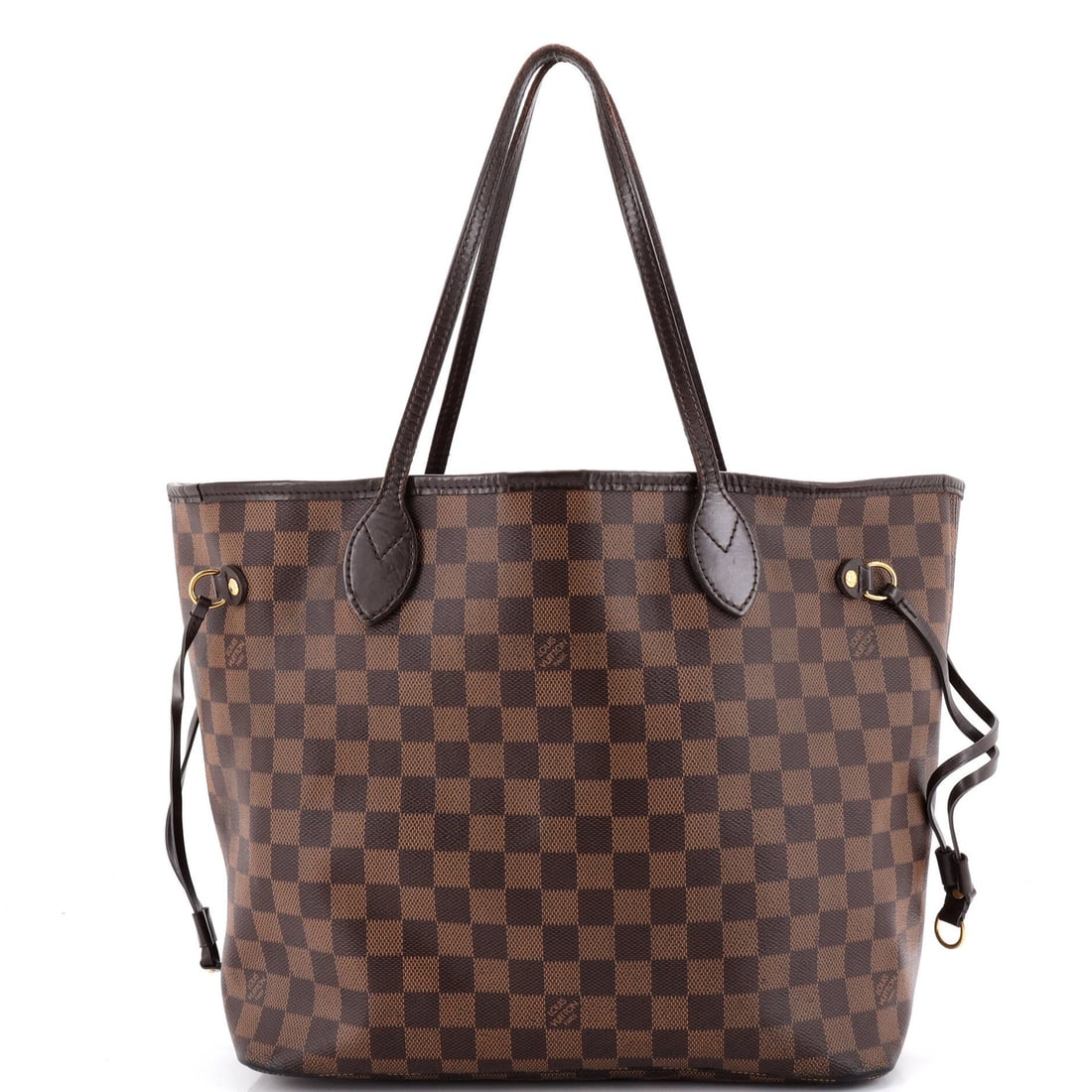 Damier Neverfull NM Tote Louis Vuitton: Damier Neverfull NM Tote Louis Vuitton Brown Damier Neverfull NM Tote with Gold Hardware, featuring a classic canvas coated exterior and interior print in red. Measuring 11" tall, 12" wide, and 7"