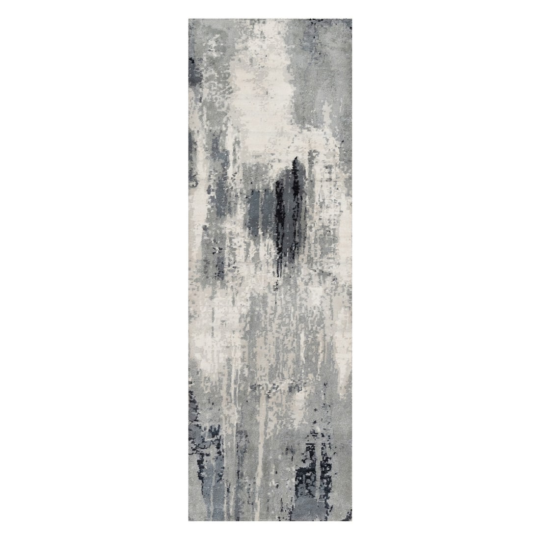 2'6"x8' Black Abstract Design Hand Knotted Wool and Silk Runner Rug: 2'6"x8' Black Abstract Design Hand Knotted Wool and Silk Runner Rug Black Abstract Design Hand Knotted Wool and Silk Runner Rug boasts an eye-catching abstract design, expertly woven from wool and