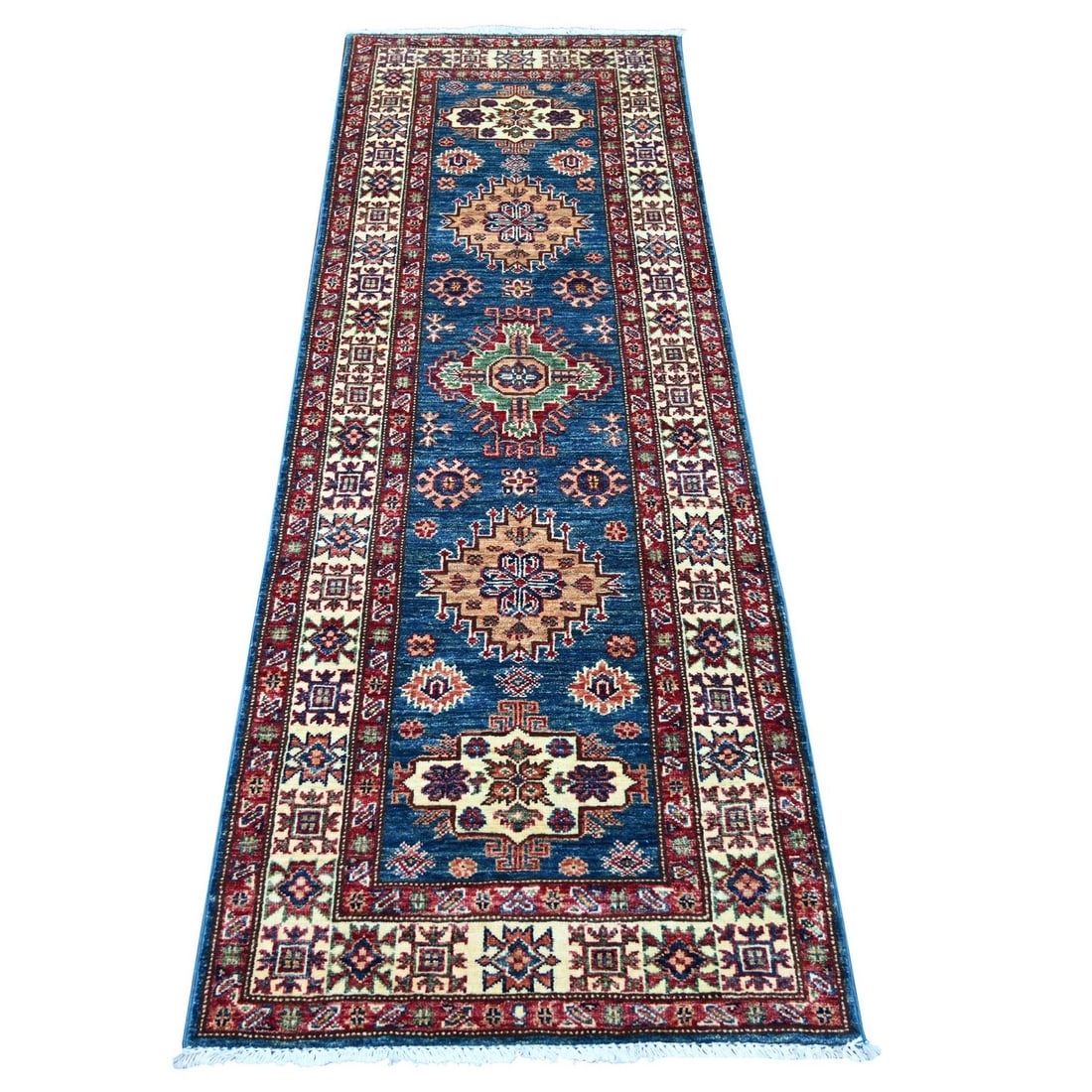 2'5"x7' Blue Super Kazak Medallions Design Hand Knotted Wool Runner Rug: 2'5"x7' Blue Super Kazak Medallions Design Hand Knotted Wool Runner Rug Hand-knotted wool medallion design in vibrant blue, this stunning Kazak-style runner rug boasts intricate patterns and rich