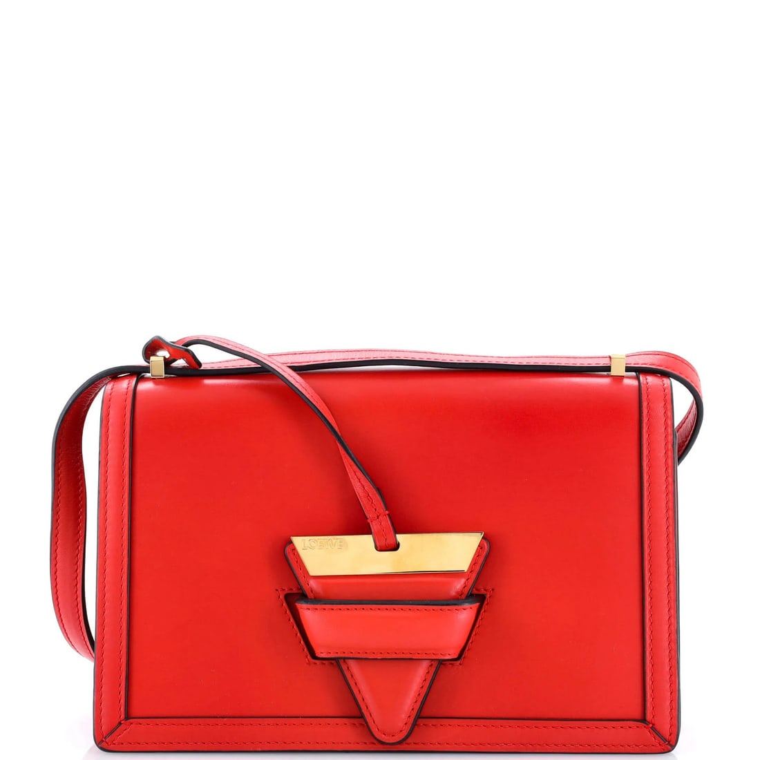 Barcelona Shoulder Bag Leather Medium Loewe: Barcelona Shoulder Bag Leather Medium Loewe Red leather exterior, gold hardware, and black interior make up the classic design of this Loewe Barcelona Shoulder Bag. Measuring 6" tall and 9.5" wide, it