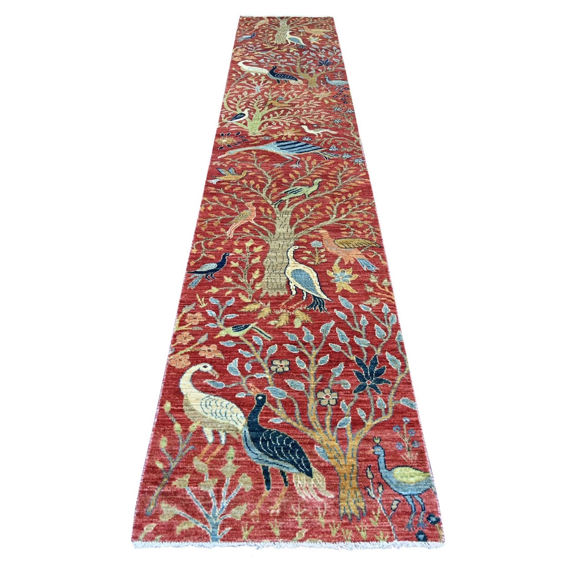 2'7"x14'1" Red Birds of Paradise Design Hand Knotted Soft Wool Runner Rug: 2'7"x14'1" Red Birds of Paradise Design Hand Knotted Soft Wool Runner Rug Hand-knotted in soft wool, this vibrant red Oushak-style runner rug boasts an eye-catching Birds of Paradise design.