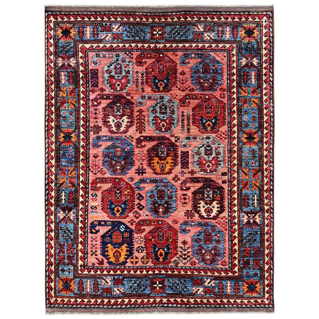 4'2"x5'5" Pink Afghan Ersari with Caucasian Motif Hand Knotted Soft Wool: 4'2"x5'5" Pink Afghan Ersari with Caucasian Motif Hand Knotted Soft Wool Soft and vibrant, this hand-knotted wool Afghan Ersari features an all-over Caucasian motif in shades of pink, brown, red, yell
