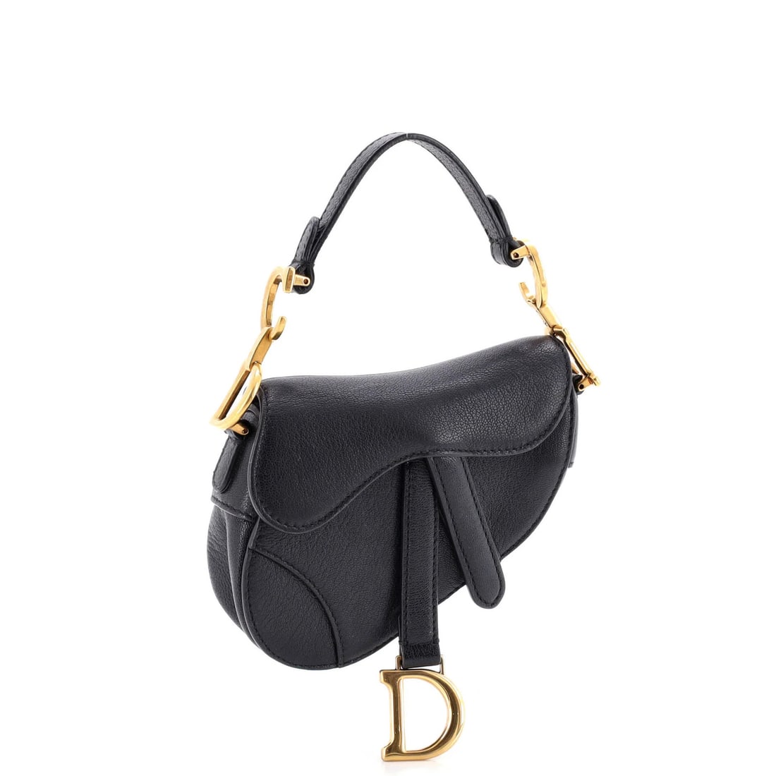 Handbag Leather Dior Saddle Christian Micro: Handbag Leather Dior Saddle Christian Micro The Christian Dior Saddle Micro Handbag features sleek, black leather exterior with aged gold hardware and suede interior. With its compact size and