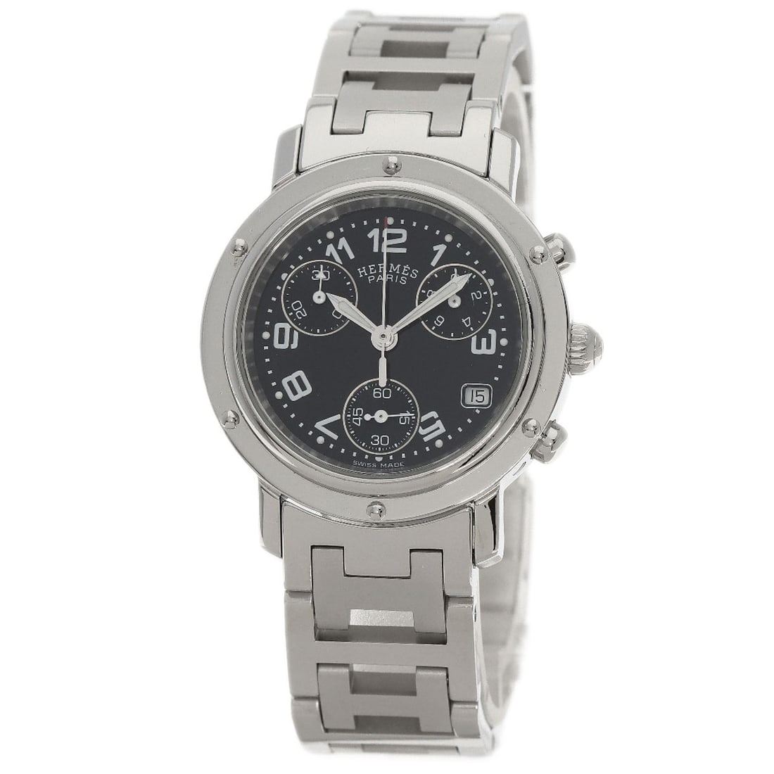 Hermes Clipper Chrono Watches Cl1.310 Stainless Steel/ Stainless Steel: Hermes Clipper Chrono Watches Cl1.310 Stainless Steel/ Stainless Steel Stainless steel case and bezel add a sleek, modern touch to this silver chronograph watch. The black dial provides a striking con