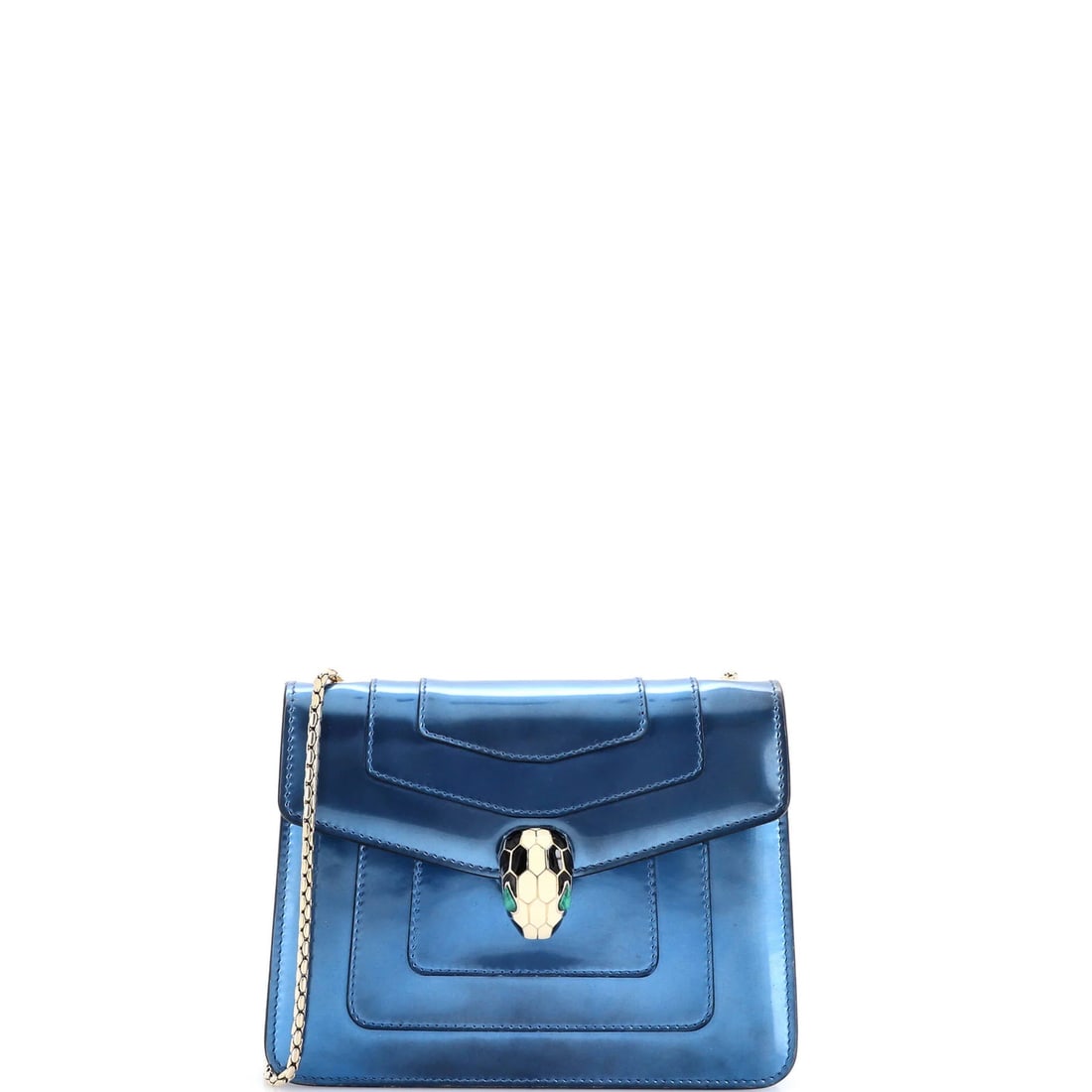 Serpenti Square Shoulder Forever Bag Metallic Small Leather Bvlgari: Serpenti Square Shoulder Forever Bag Metallic Small Leather Bvlgari Small Blue Serpenti Square Shoulder Bag with Metallic Leather Exterior. This Bvlgari bag features a metallic leather exterior in