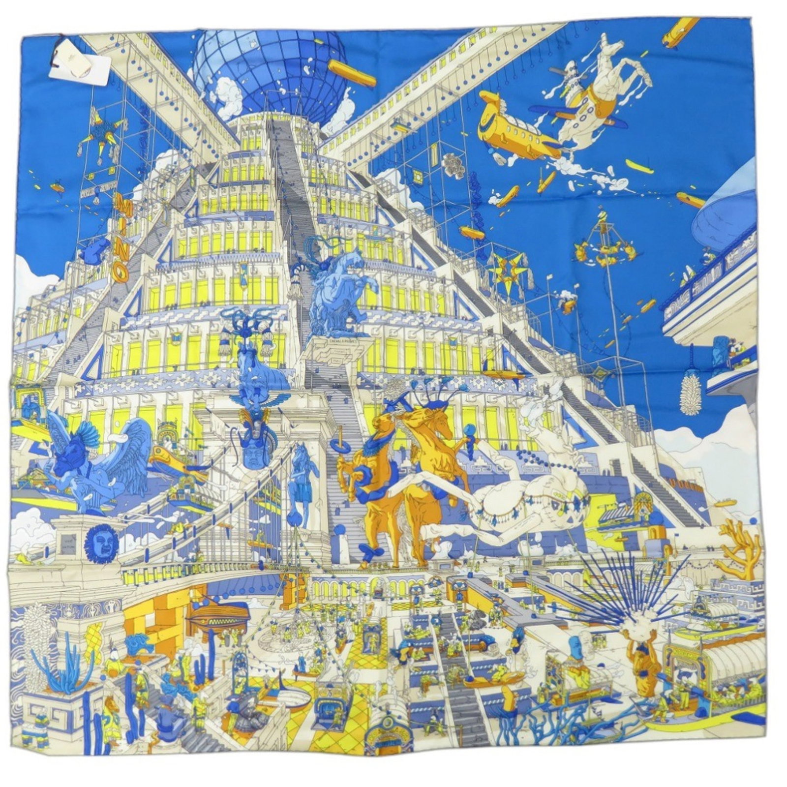 Hermes silk scarf: Hermes silk scarf Silk from France, the Hermes scarf boasts a vibrant blue hue and elegant gold accents. Made from high-quality silk, its 88cm x 88cm size provides a stylish and versatile accessory.