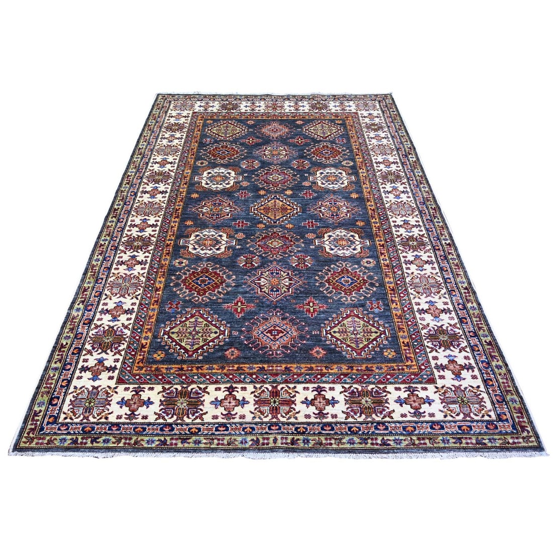5'9"x7'10" Slate Gray Kazak Geometric Medallions Wool Hand Knotted Rug: 5'9"x7'10" Slate Gray Kazak Geometric Medallions Wool Hand Knotted Rug Slate Gray Kazak Geometric Medallions Wool Hand Knotted Rug boasts an impressive size and unique geometric pattern,
