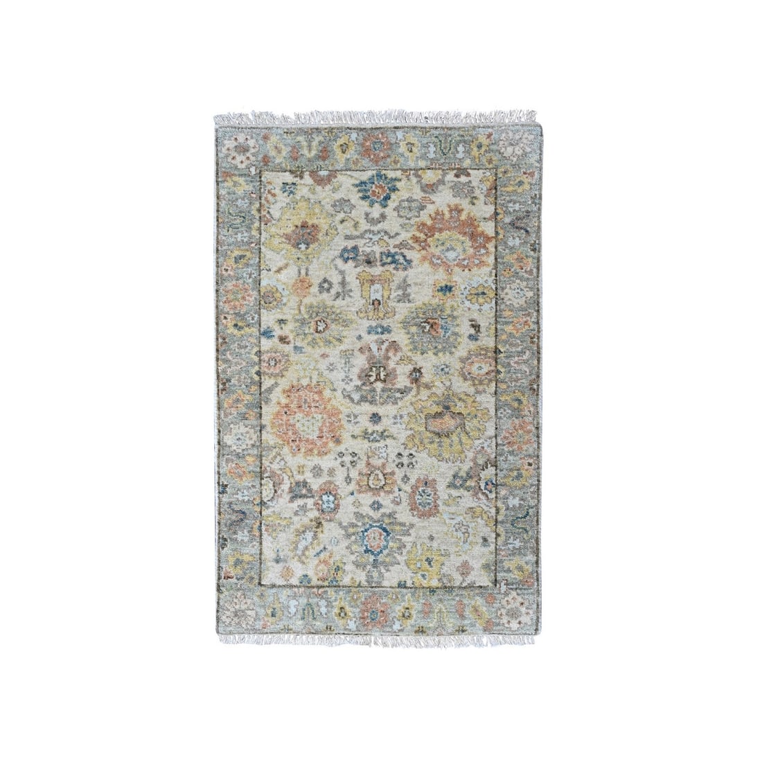 Oushak Rug 2'x3' Beige Pure Wool Mat Sample Hand Knotted All Over Design: Oushak Rug 2'x3' Beige Pure Wool Mat Sample Hand Knotted All Over Design Hand-knotted in pure wool, this exquisite Oushak rug boasts an all-over design in rich beige and pops of vibrant red, blue, yel