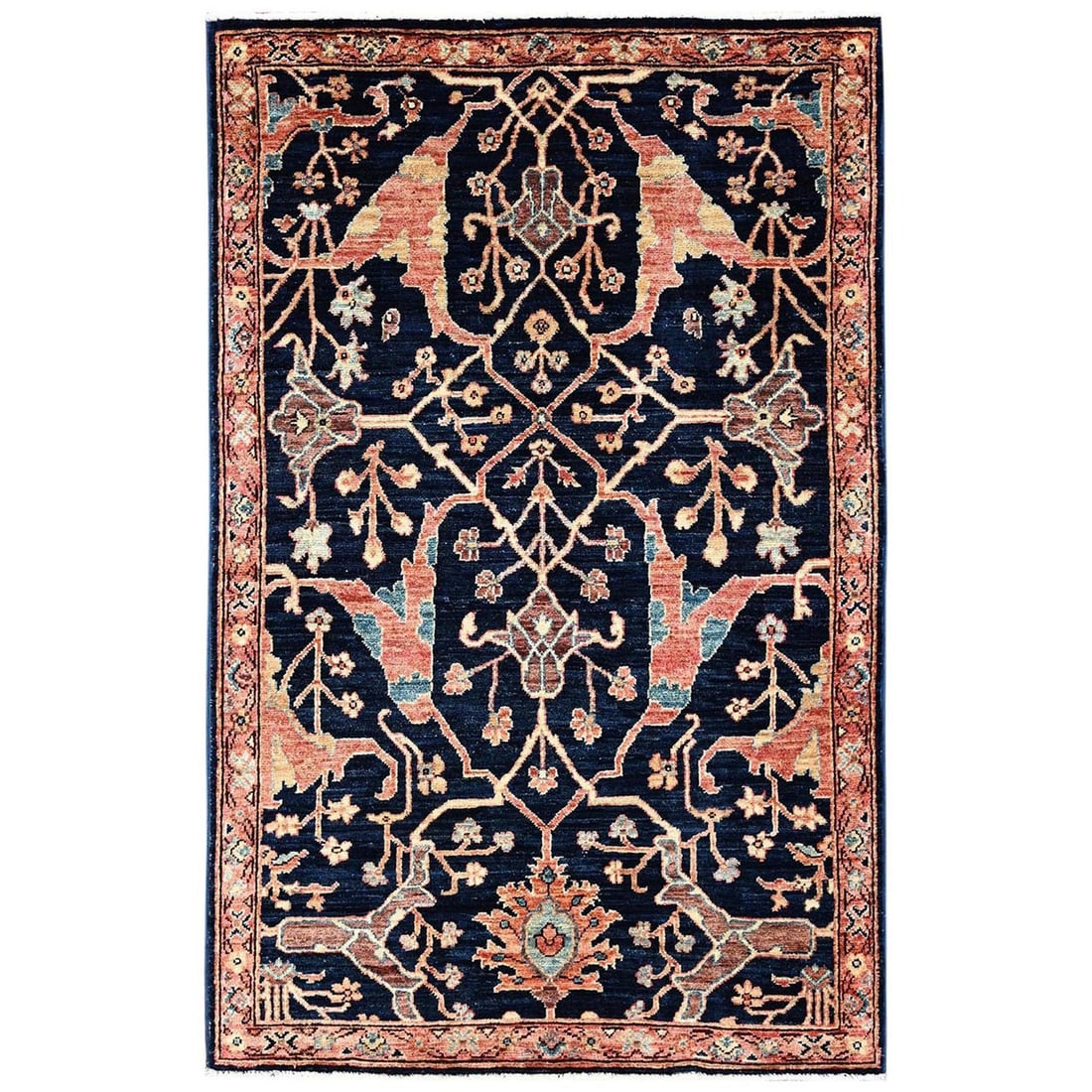 3'3"x5' Yale Blue Bijar Garus Design Aryana Grade All Wool Hand Knotted Rug: 3'3"x5' Yale Blue Bijar Garus Design Aryana Grade All Wool Hand Knotted Rug This stunning Aryana-style hand-knotted wool rug boasts an all-over blue field with intricate regional design, showcasing th