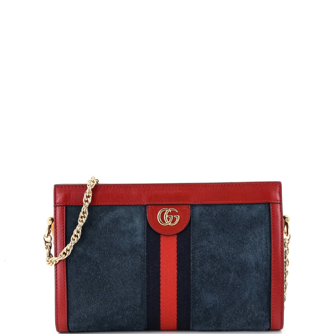 Chain Suede Bag Small Shoulder Gucci: Chain Suede Bag Small Shoulder Gucci Small Ophidia Chain Shoulder Bag in blue suede exterior, featuring a classic Gucci design with subtle scuffs and minor edge wear. The interior boasts neutral micro