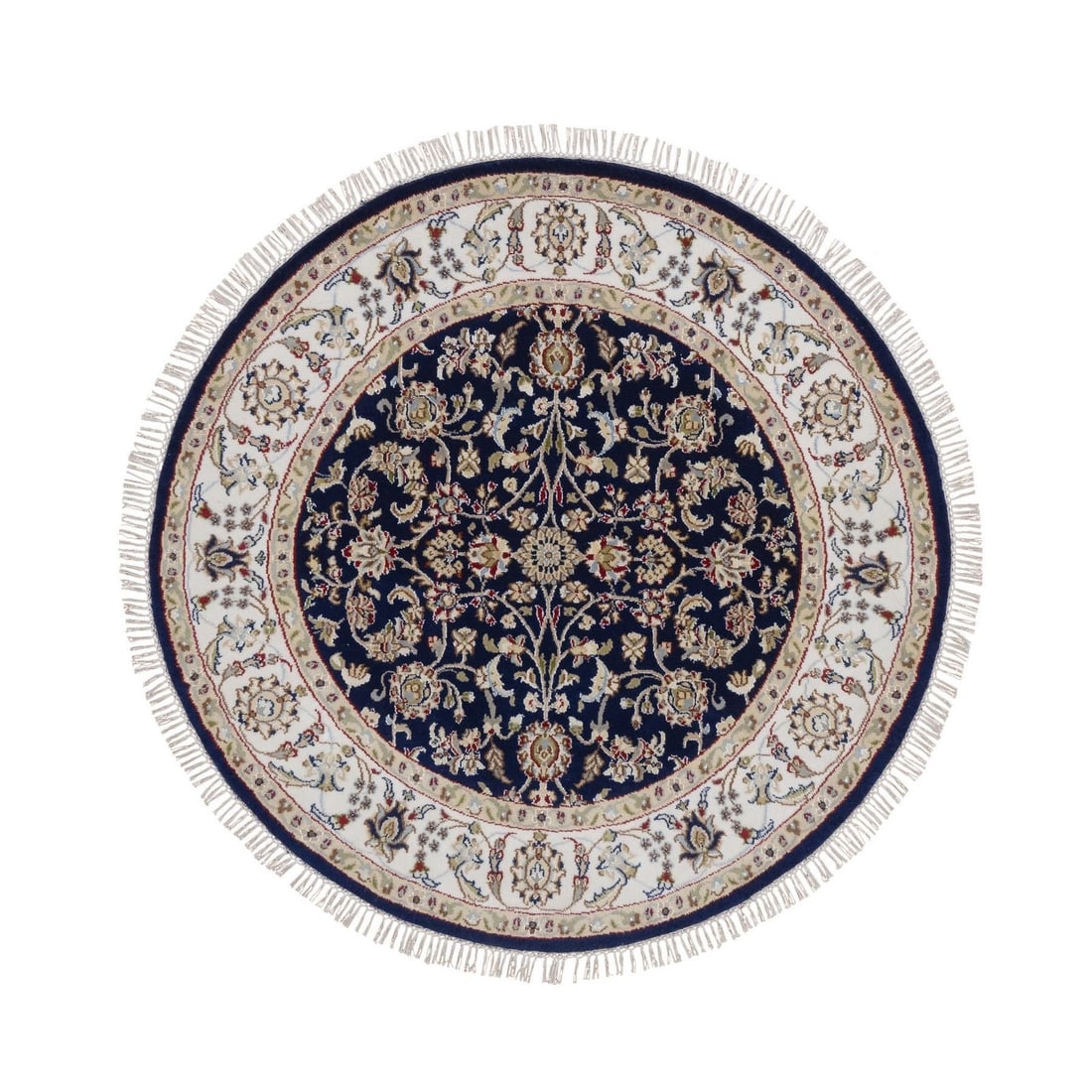 4'4"x4'4" Midnight Blue Nain 250 KPSI Hand Knotted Wool and Silk Round Rug: 4'4"x4'4" Midnight Blue Nain 250 KPSI Hand Knotted Wool and Silk Round Rug Midnight Blue Nain 250 KPSI Hand Knotted Wool and Silk Round Rug - A stunning, all-over oriental design in a rich midnight bl