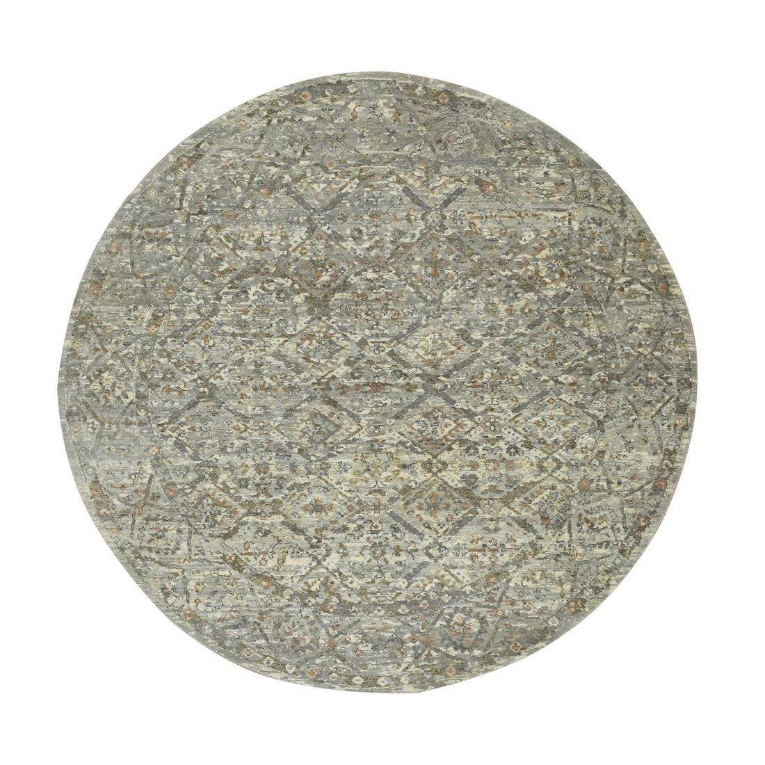 Pure hand knotted rug round garden broken gray design 5'10"x5'10".: Pure hand knotted rug round garden broken gray design 5'10"x5'10". Hand-knotted Oushak rug in a beautiful broken gray design, measuring 5'10" x 5'10". Made from wool and featuring an all-over