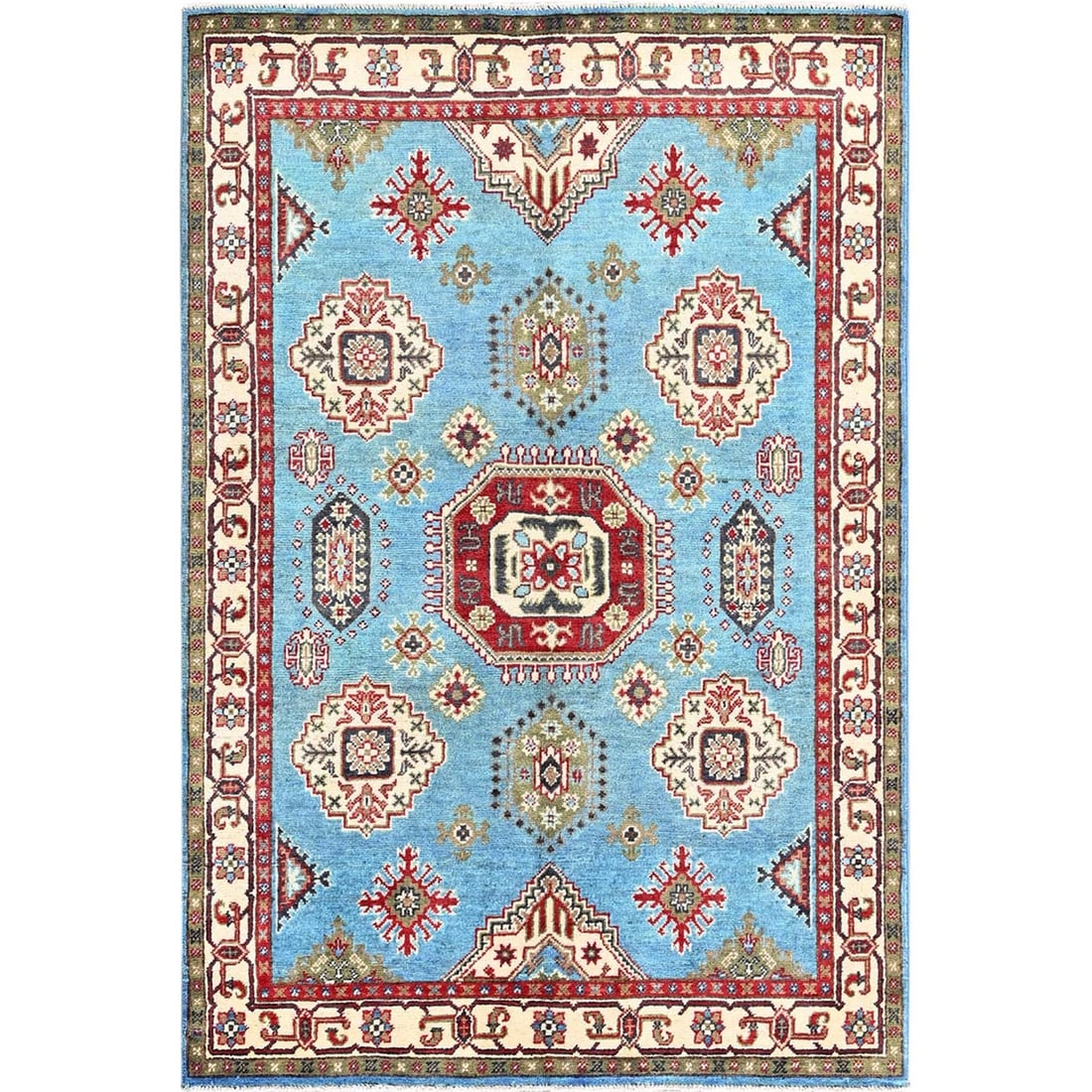 Blue Kazak with Geometric Medallion Design Hand Knotted Soft Wool Rug: Blue Kazak with Geometric Medallion Design Hand Knotted Soft Wool Rug Soft underfoot, this stunning Blue Kazak with Geometric Medallion Design Hand Knotted Soft Wool Rug adds a touch of vibrant color 