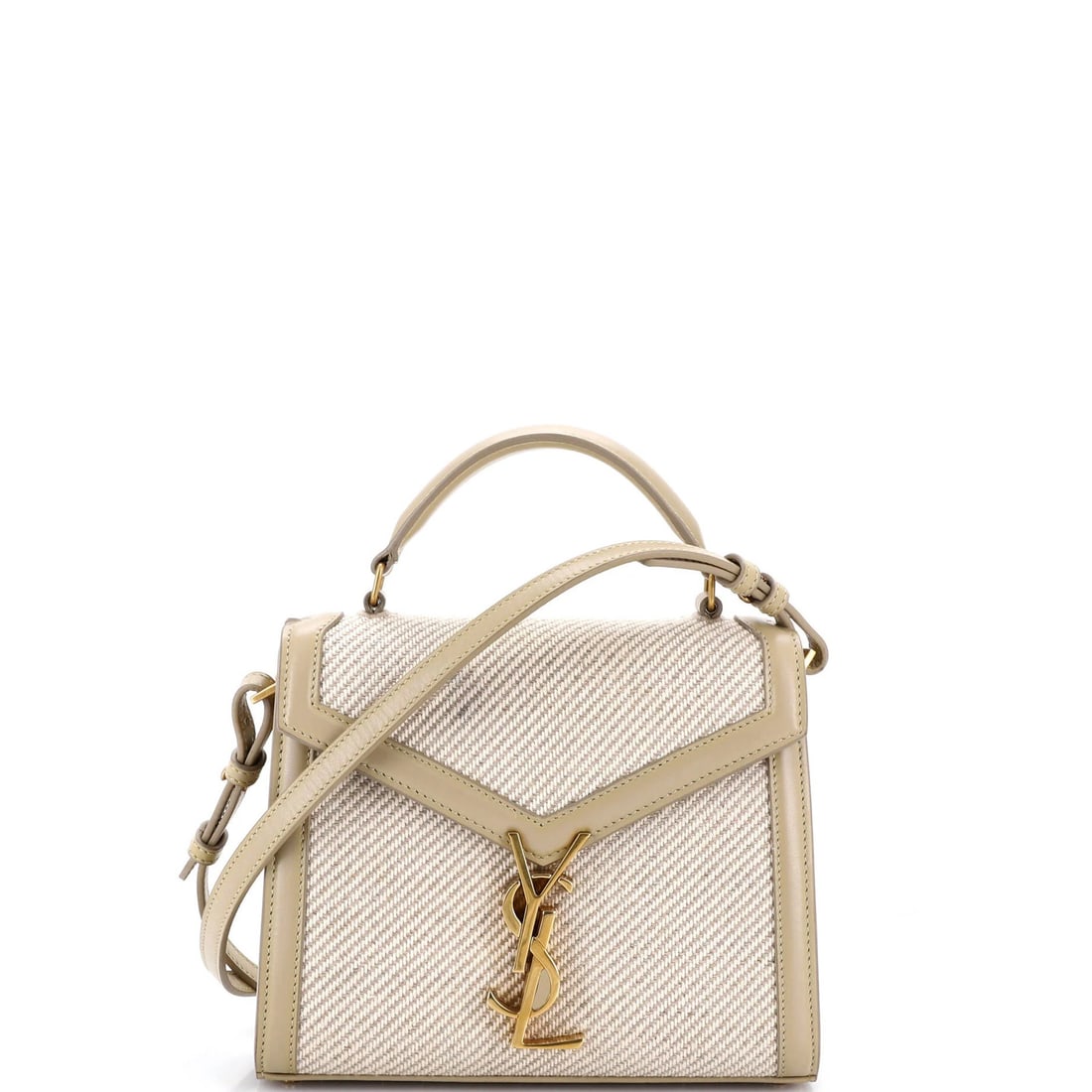 Laurent Saint with leather canvas bag top handle mini: Laurent Saint with leather canvas bag top handle mini Canvas with leather mini top handle bag from Saint Laurent, featuring neutral exterior and interior colors. The bag boasts gold hardware and measu