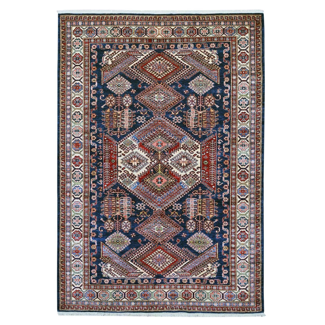 6'x8'7" Blue Super Kazak with Geometric Design Hand Knotted Soft Wool Rug (1 of 6)