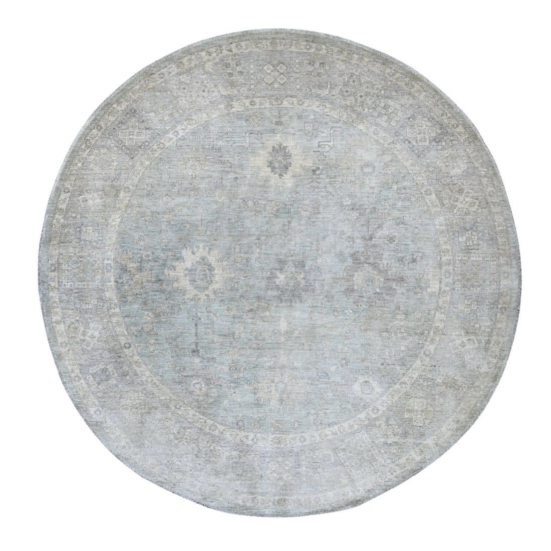 7'9"x7'9" Blue Washed Out Peshawar Hand Knotted Wool Round Oriental Rug: 7'9"x7'9" Blue Washed Out Peshawar Hand Knotted Wool Round Oriental Rug The Peshawar hand-knotted wool round Oriental rug boasts an all-over regional design in soothing blue hues, complemented by subt