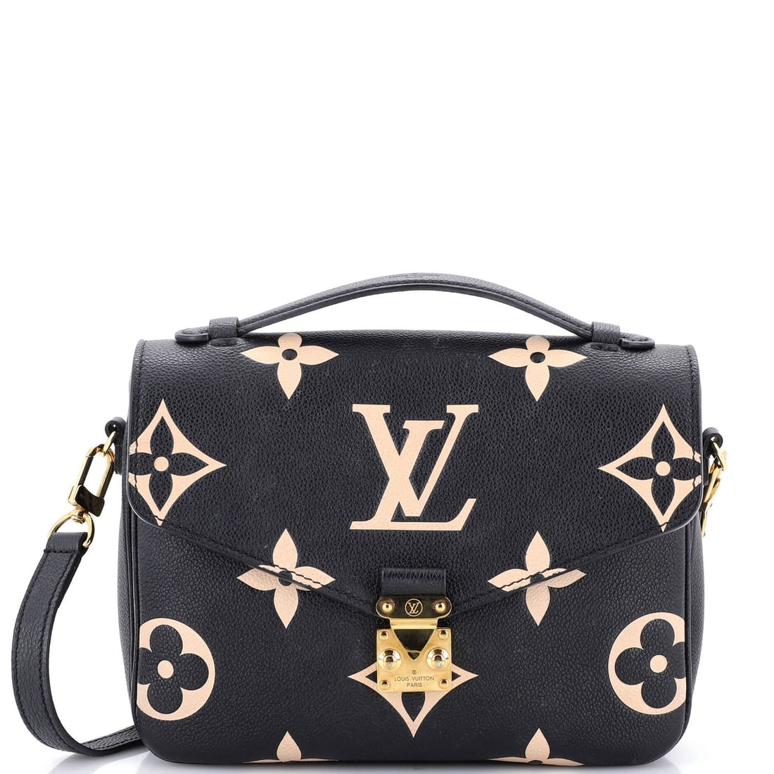 Giant Louis Vuitton Monogram Empreinte Bicolor Pochette: Giant Louis Vuitton Monogram Empreinte Bicolor Pochette Black Giant Louis Vuitton Monogram Empreinte Bicolor Pochette with gold hardware and microfiber interior, featuring scuffs, minor creases, and