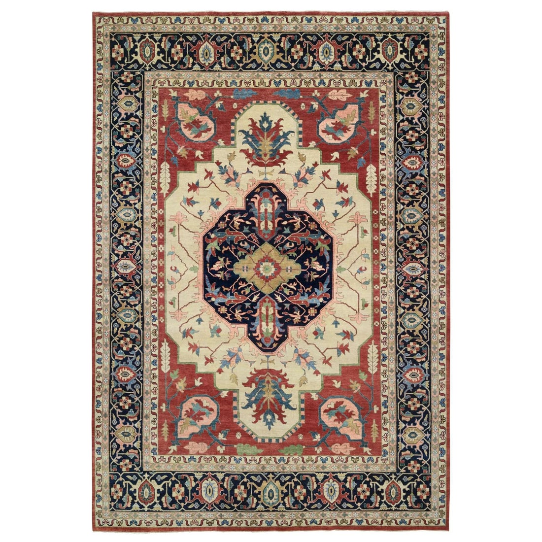 11'9"x17'10" Blue Pliable Wool Hand Knotted Heris Revival Oversized Rug: 11'9"x17'10" Blue Pliable Wool Hand Knotted Heris Revival Oversized Rug The Heris Revival rug boasts an impressive size, measuring 11'9" x 17'10", and features a stunning ivory wool pile with a rectan