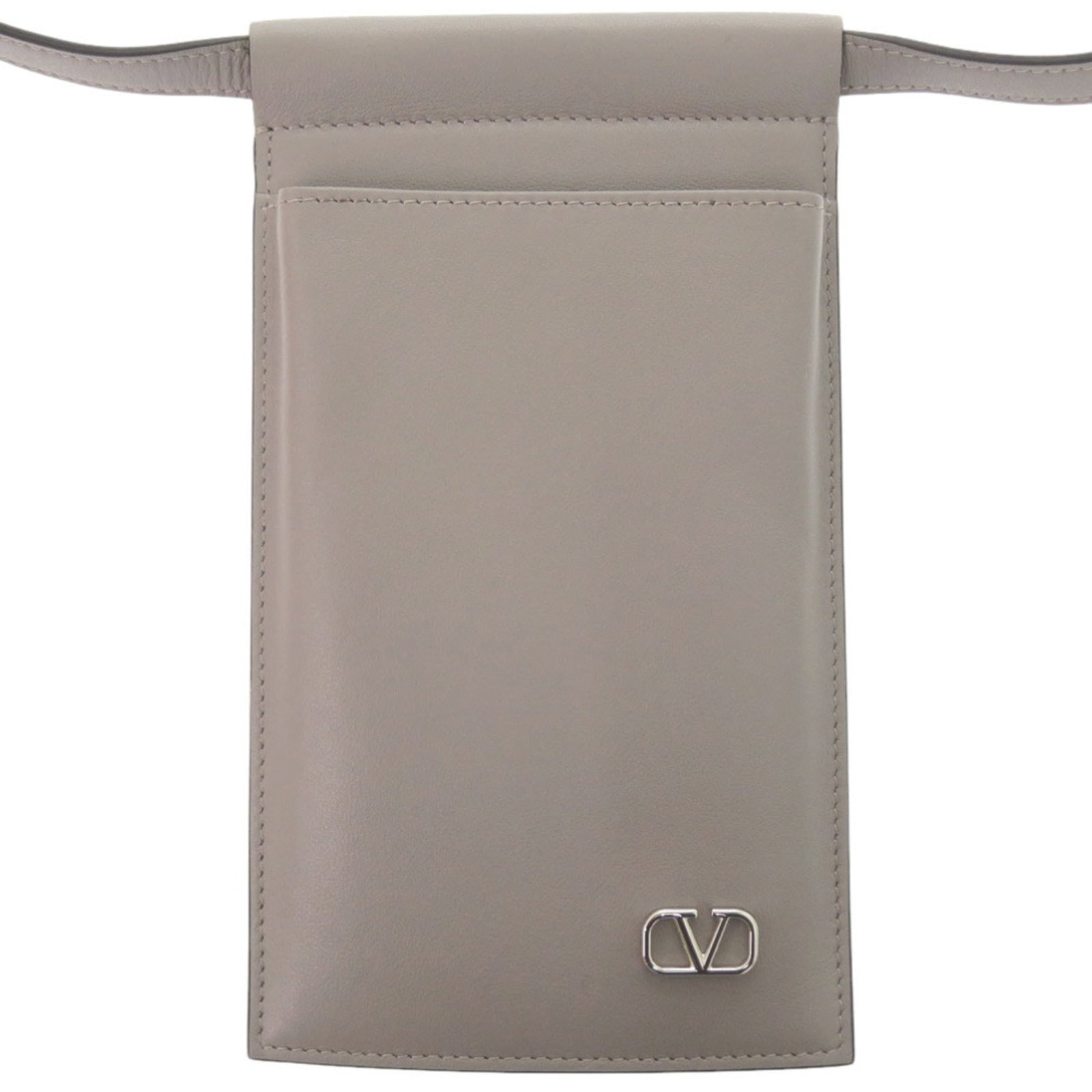 Garavani Valentino Leather Phone Wallet: Garavani Valentino Leather Phone Wallet The Garavani Valentino Leather Phone Wallet is crafted from high-quality Italian leather, featuring a sleek gray color and compact design. Measuring 20cm x
