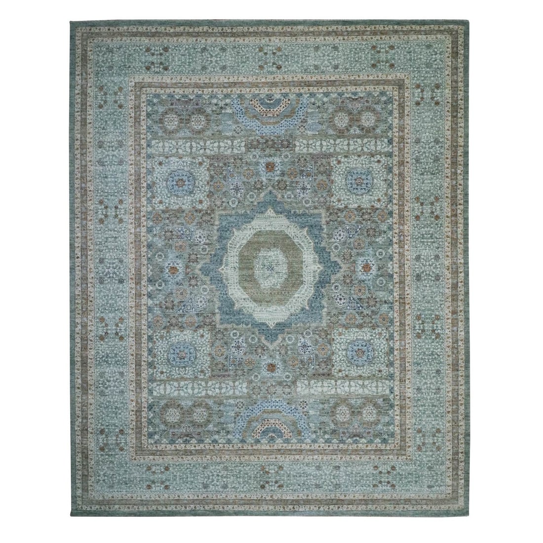 Hand Knotted Rug 12'x14'10" Green Pre Historic Mamluk Design Wool Oriental: Hand Knotted Rug 12'x14'10" Green Pre Historic Mamluk Design Wool Oriental Hand-knotted in wool, this stunning 12'x14'10" Mamluk design rug boasts a rich green field color and intricate medallion