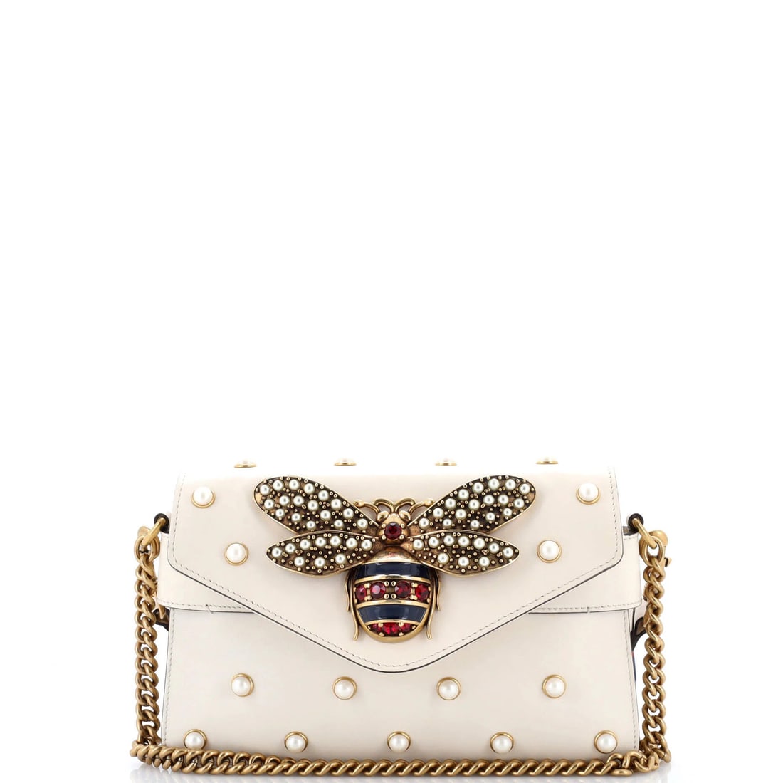 Shoulder bag embellished with pearly bee gucci leather mini: Shoulder bag embellished with pearly bee gucci leather mini The Gucci mini shoulder bag features pearly bee embellishments on its exterior, adding a touch of elegance to its neutral design. Made from