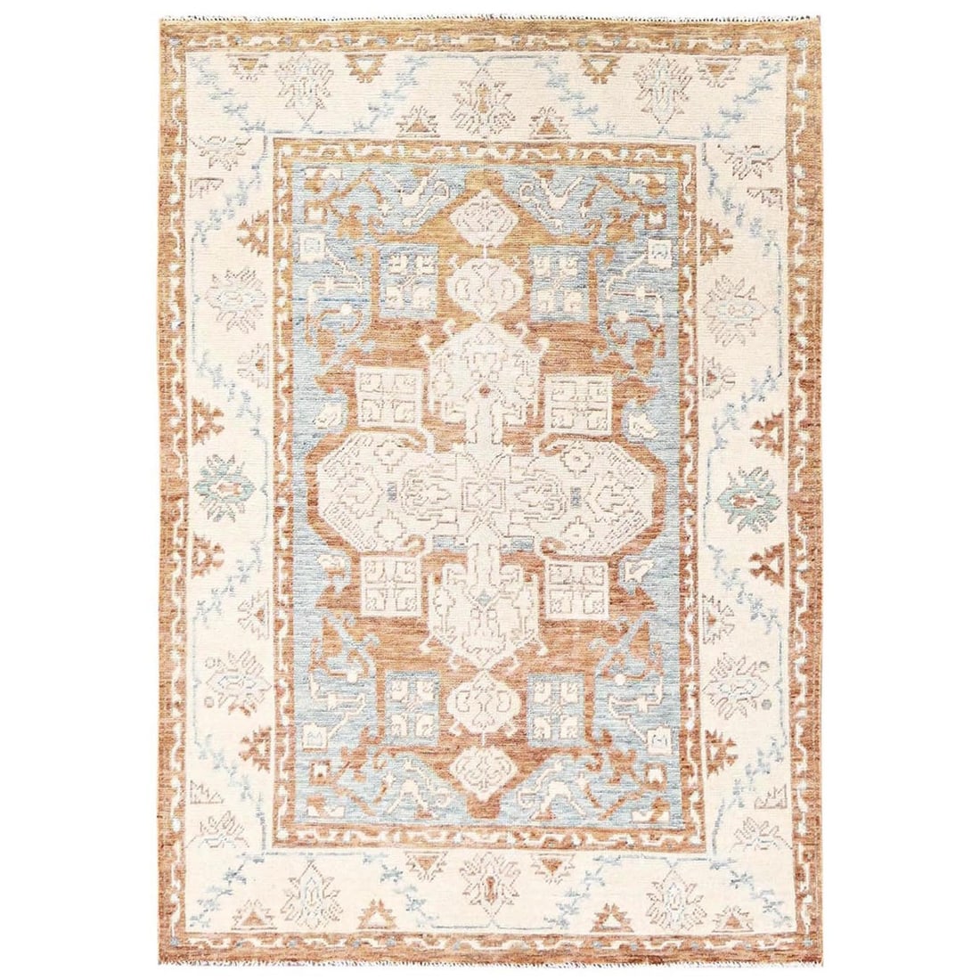 4'10"x7' Light Blue Anatolian Village Design Hand Knotted Pure Wool Rug: 4'10"x7' Light Blue Anatolian Village Design Hand Knotted Pure Wool Rug Light blue Anatolian village design hand-knotted pure wool rug, measuring 4'10" x 7', boasts a stunning geometric pattern in a