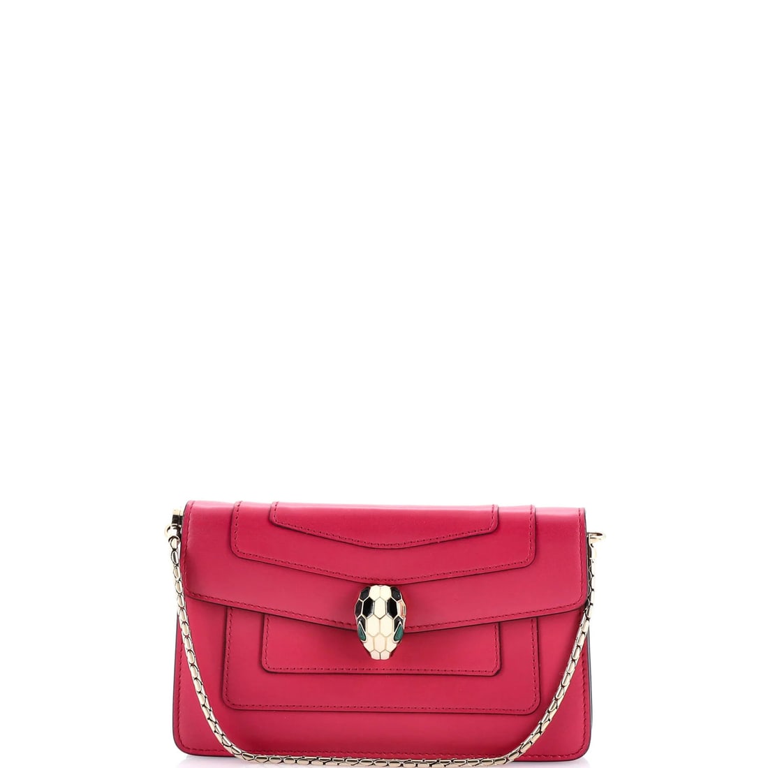 Bvlgari Serpenti Forever Chain Clutch Leather Mini: Bvlgari Serpenti Forever Chain Clutch Leather Mini Pink leather Bvlgari Serpenti Forever Chain Clutch Mini with gold hardware, featuring a mini size and red interior. The exterior shows minor scuffs