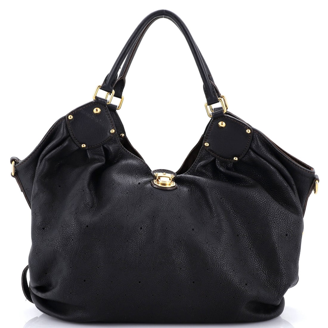 Louis Vuitton XL Hobo Mahina Leather: Louis Vuitton XL Hobo Mahina Leather Black Louis Vuitton XL Hobo Mahina Leather bag with heavy edge wear, scuffs, and creases on the exterior. The interior features microfiber lining in brown color.
