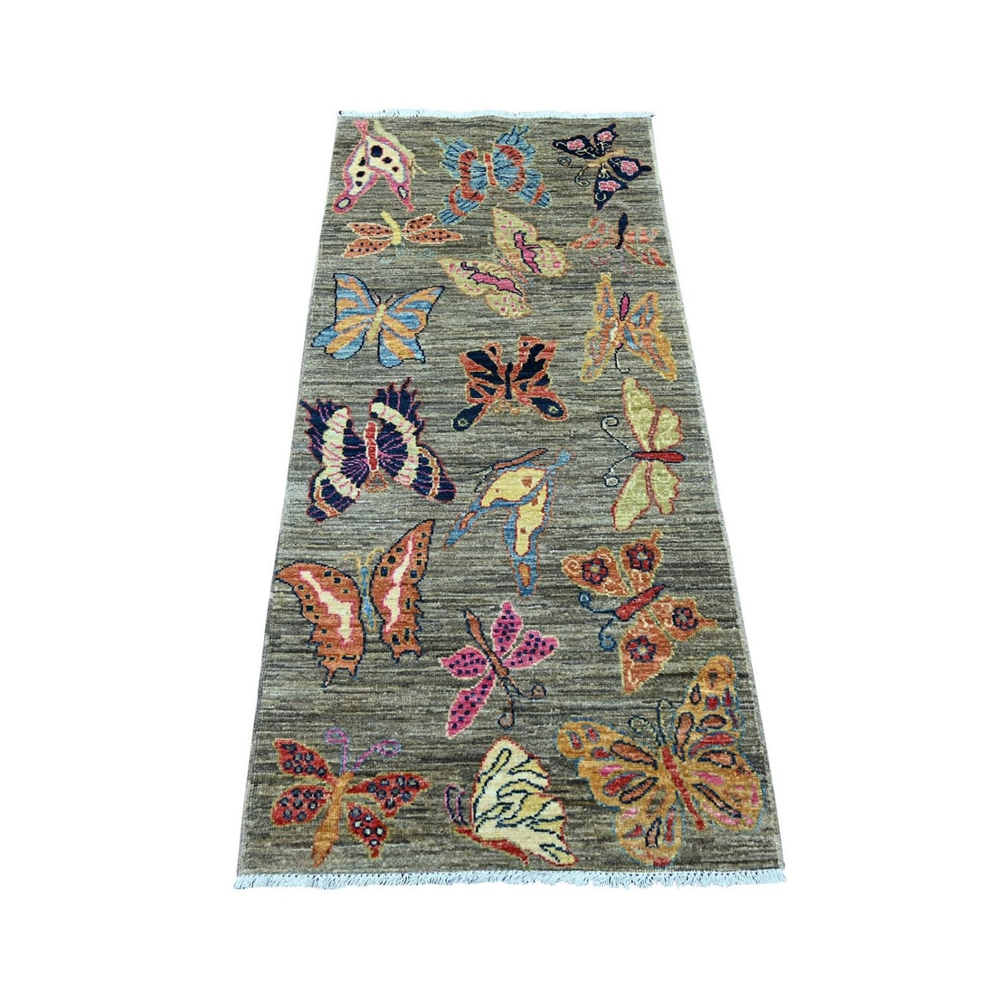 2'6"x5'7" Gray Peshawar Butterfly Design Hand Knotted Soft Wool Runner Rug: 2'6"x5'7" Gray Peshawar Butterfly Design Hand Knotted Soft Wool Runner Rug Soft and elegant, this 2'6"x5'7" Gray Peshawar Butterfly Design Hand Knotted Soft Wool Runner Rug boasts a timeless beauty