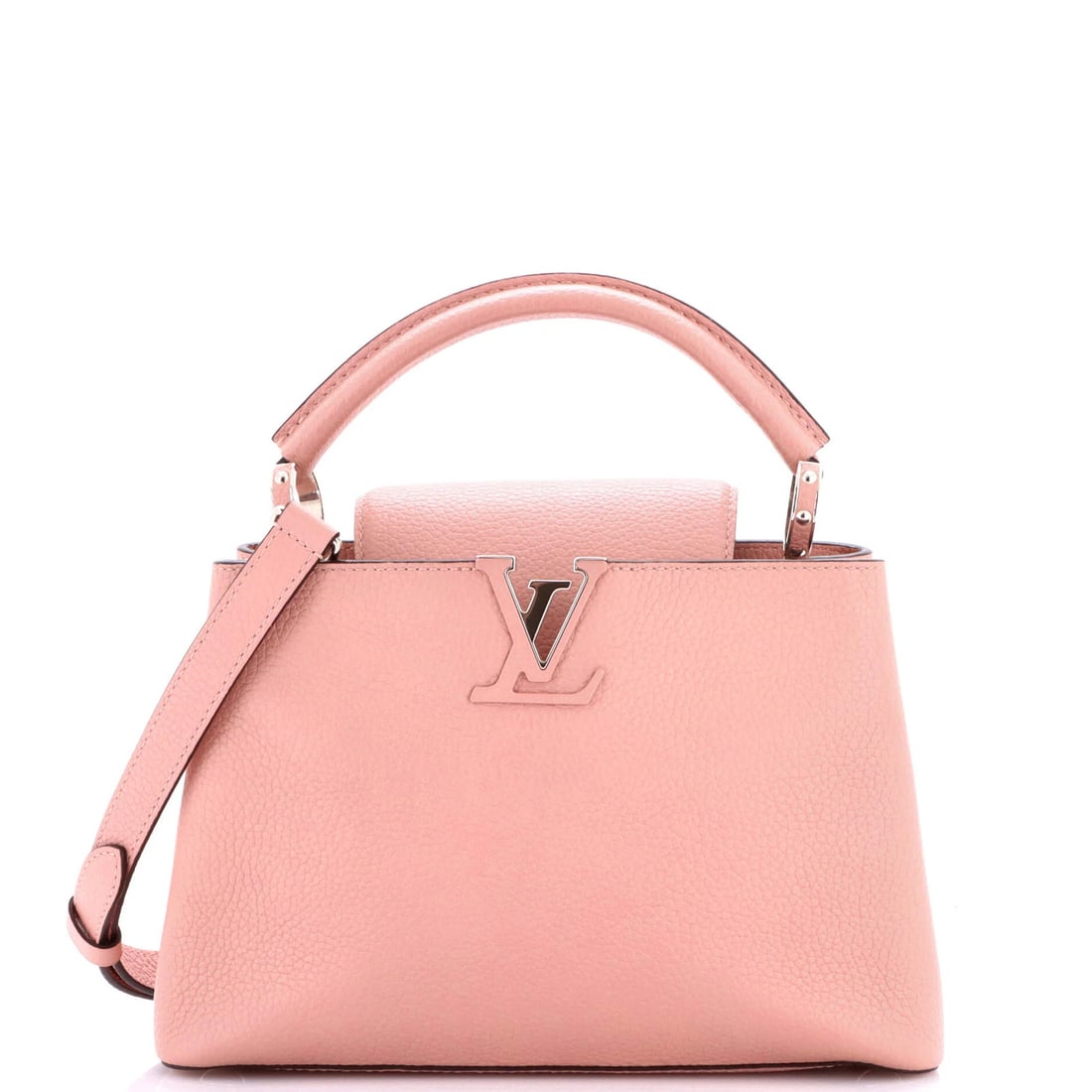 Leather bag with capucines from Louis Vuitton: Leather bag with capucines from Louis Vuitton Pink Capucines Bag from Louis Vuitton, featuring exterior leather with minor cracks and creases, and interior brown leather. The bag boasts classic top