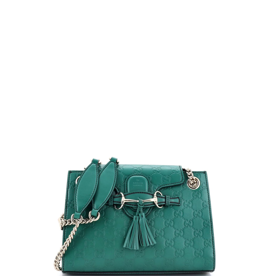 Small Gucci flap chain shoulder bag leather: Small Gucci flap chain shoulder bag leather Small Gucci flap chain shoulder bag in green leather, featuring the iconic Emily Chain Flap design. With its classic style and subtle gold tone hardware,