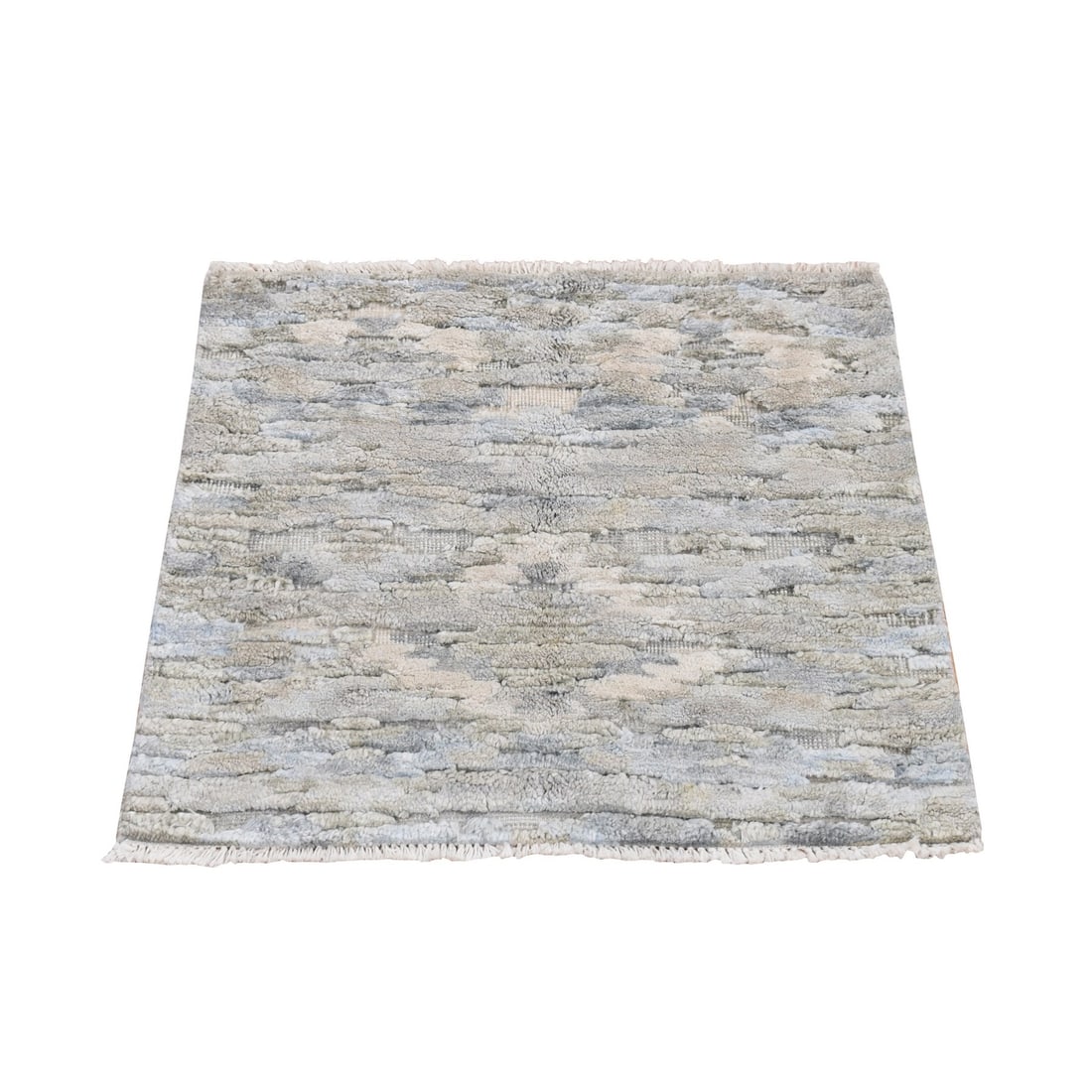 Green Pastel Collection Hand Knotted Wool Silk Sample Rug: Green Pastel Collection Hand Knotted Wool Silk Sample Rug Hand-knotted wool and silk weave creates a unique, modern design in this vibrant green pastel collection rug. Made from high-quality