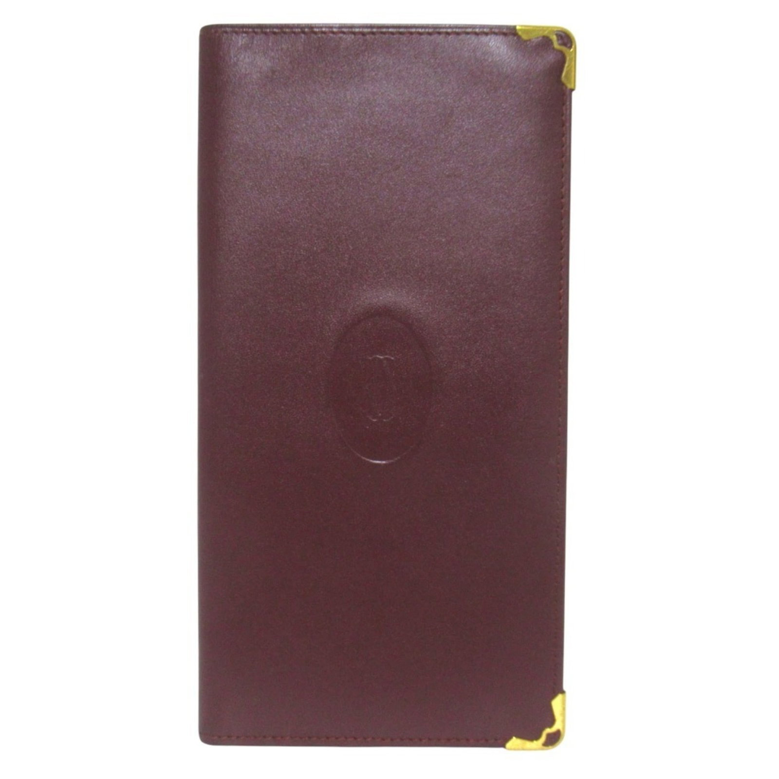 Long Wallet Bi Fold Cartier: Long Wallet Bi Fold Cartier Bordeaux leather wraps around the edges of this bi-fold Cartier wallet, adding a touch of sophistication to its classic design. The long, rectangular shape and subtle