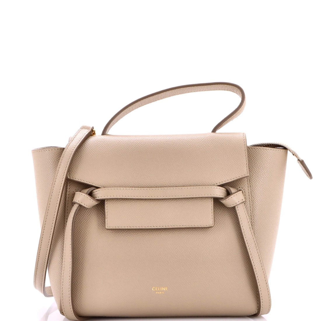 Textured leather pico belt bag: Textured leather pico belt bag Textured leather pico belt bag in neutral exterior color, featuring a suede interior and aged gold hardware. Measuring 5.5" high x 8" wide x 4" deep, with a handle drop 