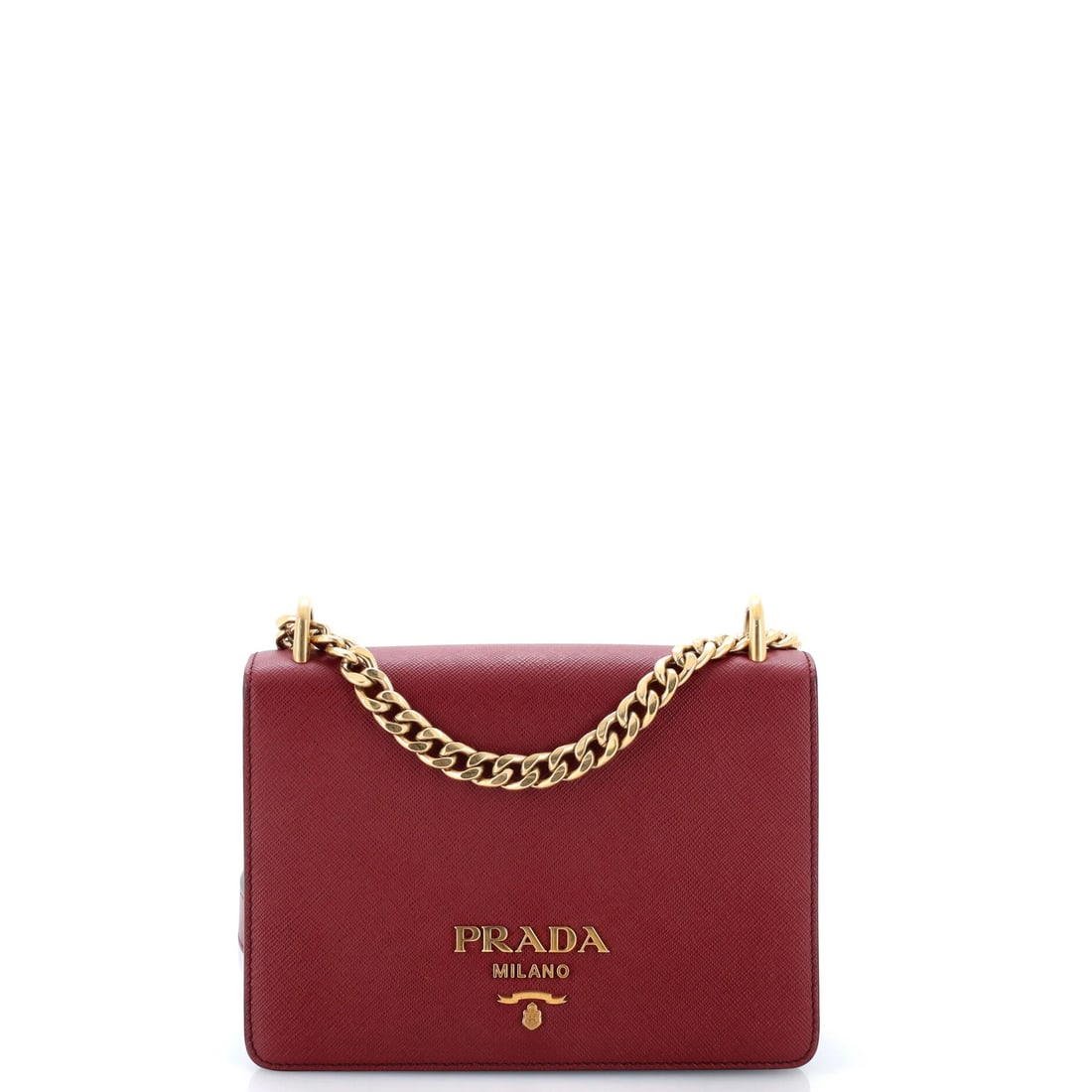 Chain flap small bag leather saffiano Prada: Chain flap small bag leather saffiano Prada Small Chain Flap Bag in Saffiano Leather Red. This Prada cross body bag features chain flap details and measures 6" tall, with a 12" handle drop and 21"
