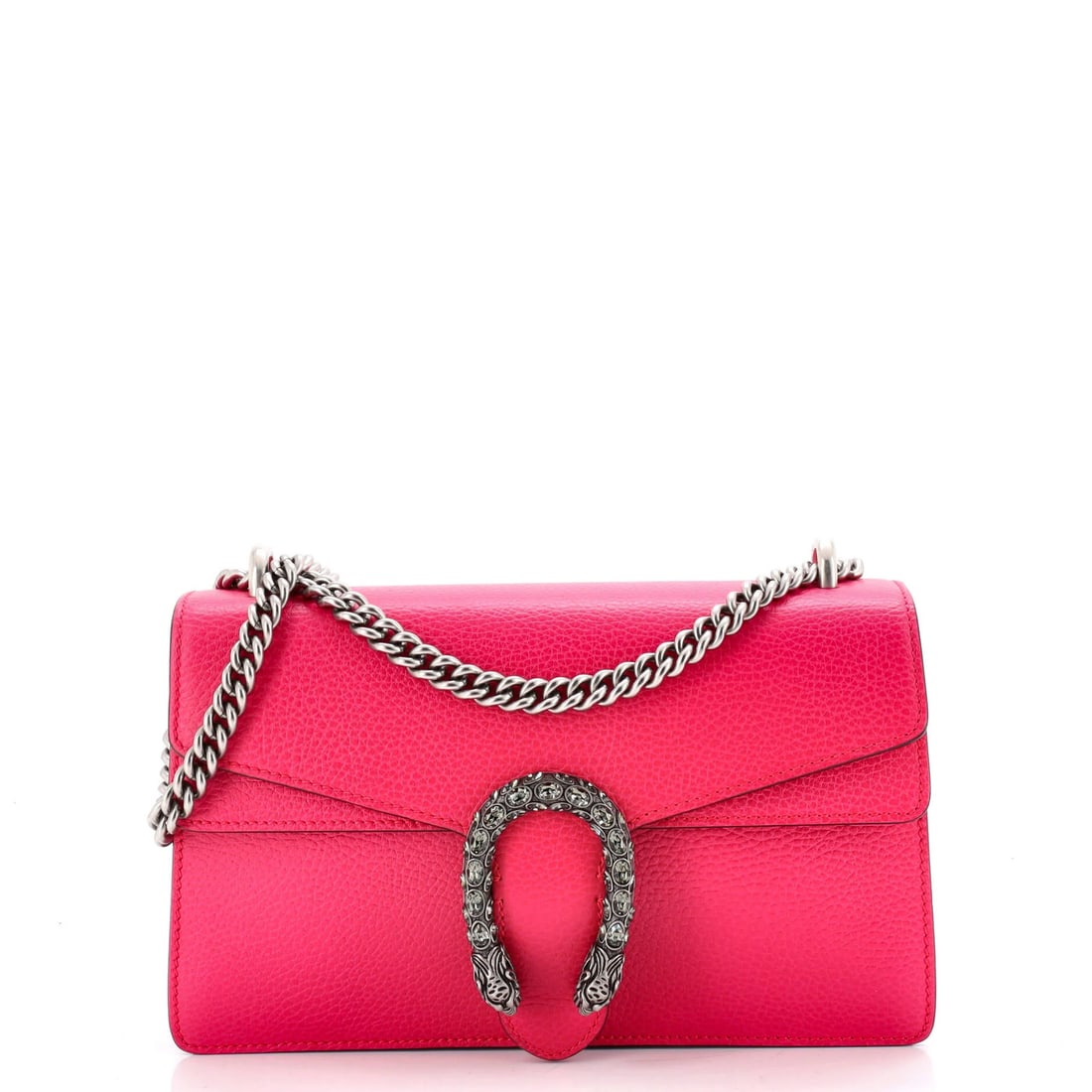 Small leather bag by Gucci Dionysus: Small leather bag by Gucci Dionysus The Gucci Dionysus Small Leather Bag features a striking pink exterior with subtle edge wear and minor scuffs. The bag's neutral interior provides a sleek contrast