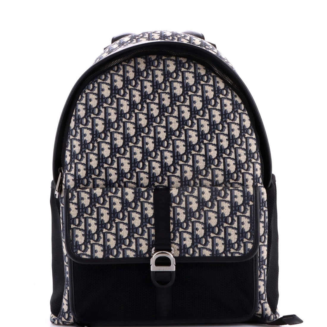 Dior Buckle Oblique Backpack Canvas Pocket Christian Front: Dior Buckle Oblique Backpack Canvas Pocket Christian Front Blue canvas backpack with oblique design, featuring an 8 front pocket buckle and silver hardware. Measuring 17" tall, 12" wide, and 4.5"