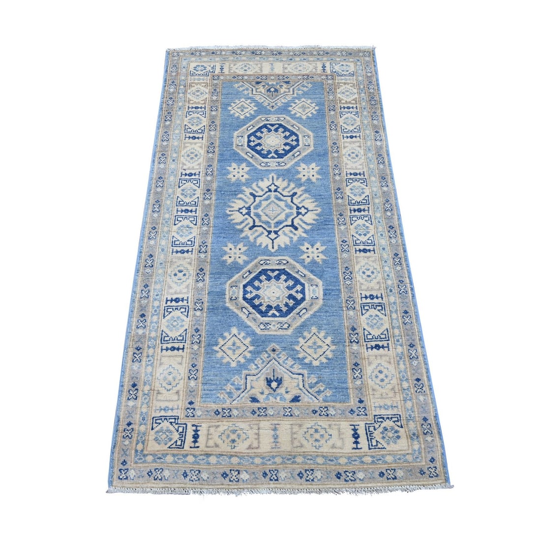 2'9"x5'5" Blue Vintage Look Kazak Medallions Hand Knotted Wool Runner Rug: 2'9"x5'5" Blue Vintage Look Kazak Medallions Hand Knotted Wool Runner Rug Blue Vintage Look Kazak Medallions Hand Knotted Wool Runner Rug boasts a unique medallion pattern and rich blue color,