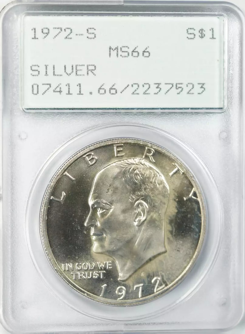 1972 S EISENHOWER IKE DOLLAR S$1 SILVER PCGS CERTIFIED MS 66 MINT UNC (523): 1972 S EISENHOWER IKE DOLLAR S$1 SILVER PCGS CERTIFIED MS 66 MINT UNC (523) 1972 Eisenhower Dollar, PCGS Certified MS 66. This silver dollar features the iconic portrait of President Dwight D. Eisenho
