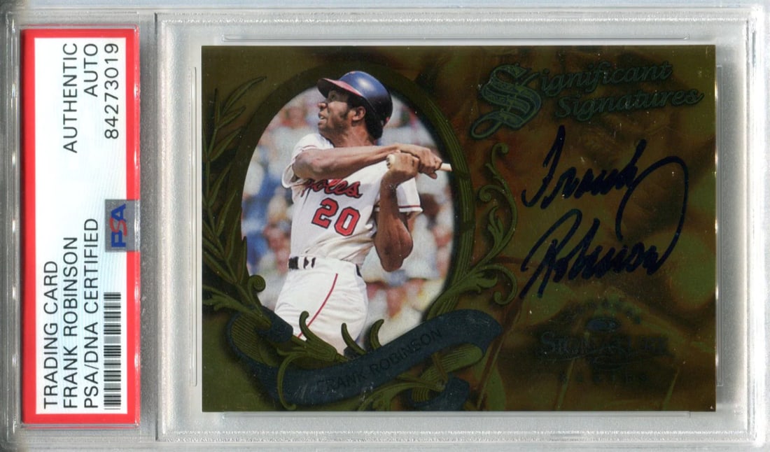 Frank Robinson Autographed 1997 Donruss Signature Series Card (PSA): Frank Robinson Autographed 1997 Donruss Signature Series Card (PSA) Signed in blue sharpie across the front of the card, Frank Robinson's autograph adds significant value to this 1997 Donruss Signatur