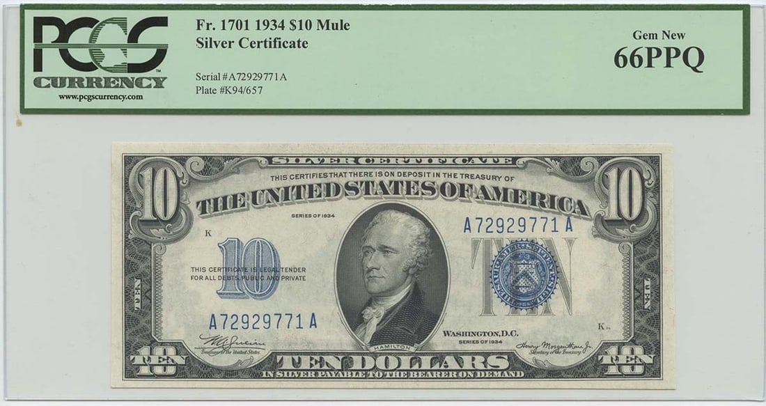 1934 $10 Silver Cert FR#1701 PCGS 66 Gem New PPQ Mule: 1934 $10 Silver Cert FR#1701 PCGS 66 Gem New PPQ Mule The 1934 $10 Silver Certificate, graded MS66 by PCGS, boasts an impressive level of preservation with its circulated/uncirculated designation. Thi