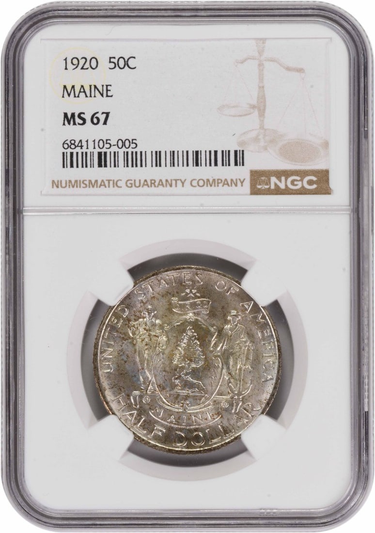 Maine Commemorative Half Dollar 1920 MS67 NGC: Maine Commemorative Half Dollar 1920 MS67 NGC The 1920 Maine Commemorative Half Dollar, graded MS67 by the NGC, is a rare and highly detailed coin. Featuring Harry H. Cochrane's design, it boasts a un
