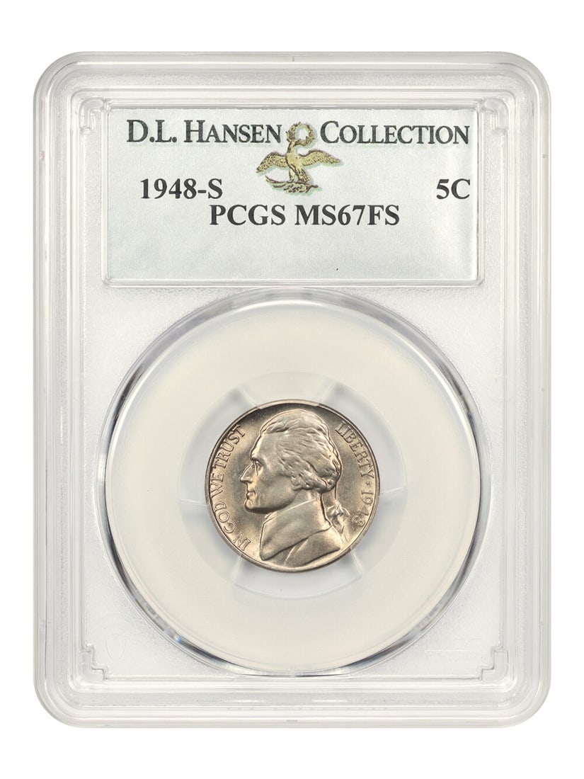 1948-S 5c PCGS MS67 FS ex: D.L. Hansen: 1948-S 5c PCGS MS67 FS ex: D.L. Hansen PCGS MS67 FS, a stunning example of the 1948-S Jefferson Nickel, boasts exceptional mint state condition with full strike. Certified by PCGS, this coin's high gr