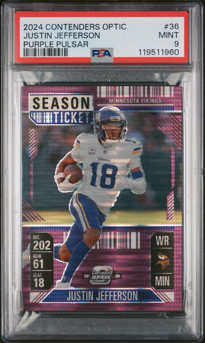2024 CONTENDERS OPTIC JUSTIN JEFFERSON #36 PURPLE PULSAR/ 37: 2024 CONTENDERS OPTIC JUSTIN JEFFERSON #36 PURPLE PULSAR/ 37 2024 Contenders Optic Justin Jefferson #36 Purple Pulsar/37 - A rare and unique addition to your football collection, this card features th