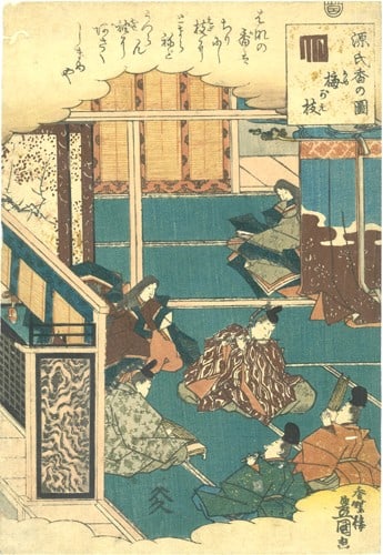 Genji Incense Series Woodblock Print 1844 Plum Branch Toyokuni: Genji Incense Series Woodblock Print 1844 Plum Branch Toyokuni Item Specifics: Artist: Utagawa Toyokuni Subject: The Tale of Genji Material: Woodblock Print on Washi Paper Style: Japanese Size: 24.4 x