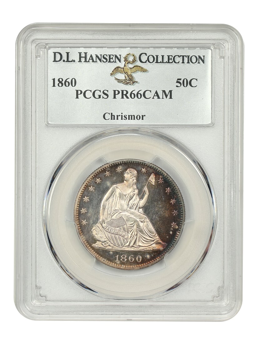 1860 50C PCGS PR66CAM ex: D.L. Hansen/ Chrismor: 1860 50C PCGS PR66CAM ex: D.L. Hansen/ Chrismor PCGS PR66CAM graded 1860 50C, previously owned by D.L. Hansen and Chrismor, showcases exceptional preservation in a circulated state. The coin's strikin