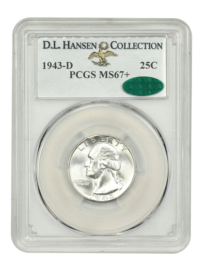 1943-D 25C PCGS/ CAC MS67+ ex: D.L. Hansen - Washington Quarter: 1943-D 25C PCGS/ CAC MS67+ ex: D.L. Hansen - Washington Quarter The 1943-D Washington Quarter, graded MS67+ by PCGS and CAC, boasts exceptional strike quality and luster. This uncirculated coin featur